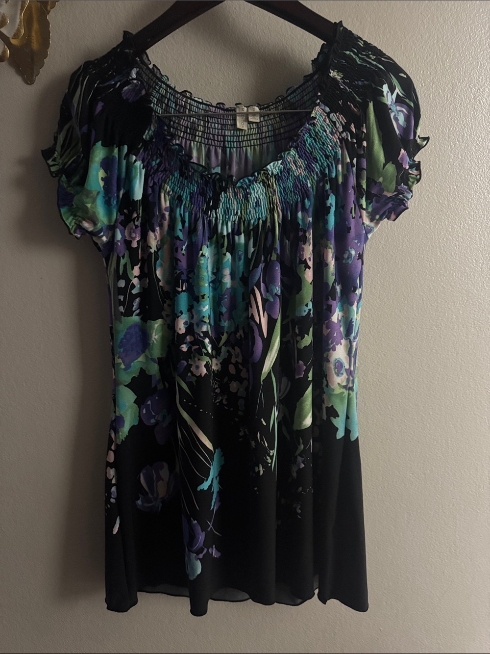 Madison Black Floral Smocked Peasant Top with Teal & Purple